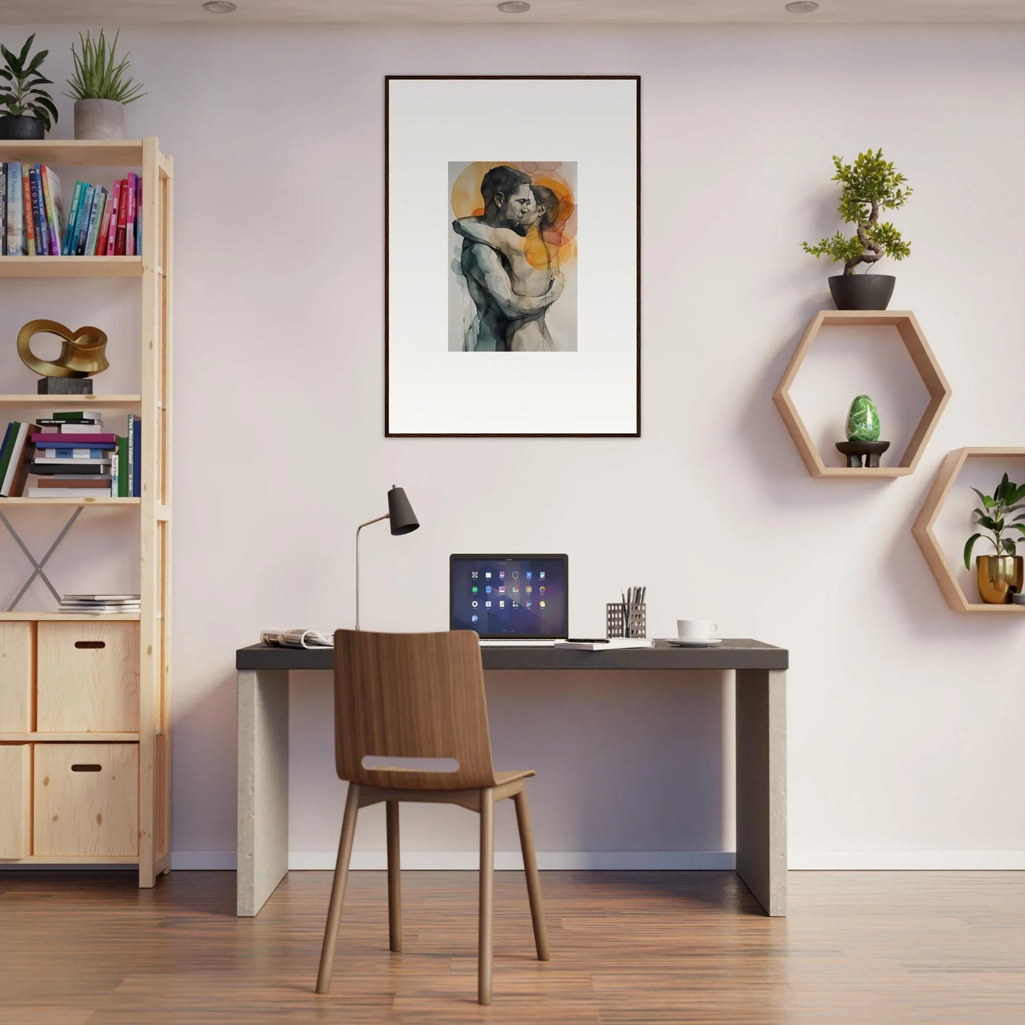 Home office workspace showcasing stylish room decor and framed wall art