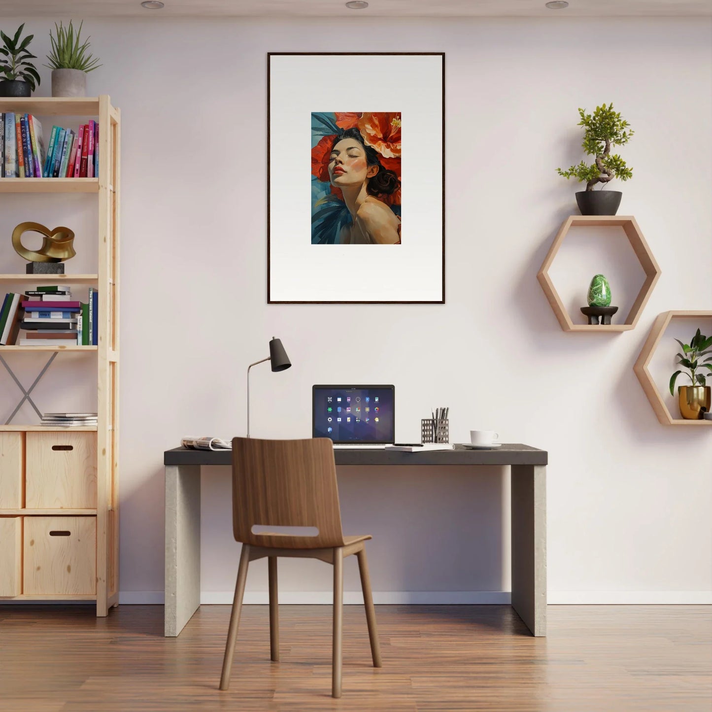 Home office workspace featuring Gilded Petal Palpitation and stylish framed wall art