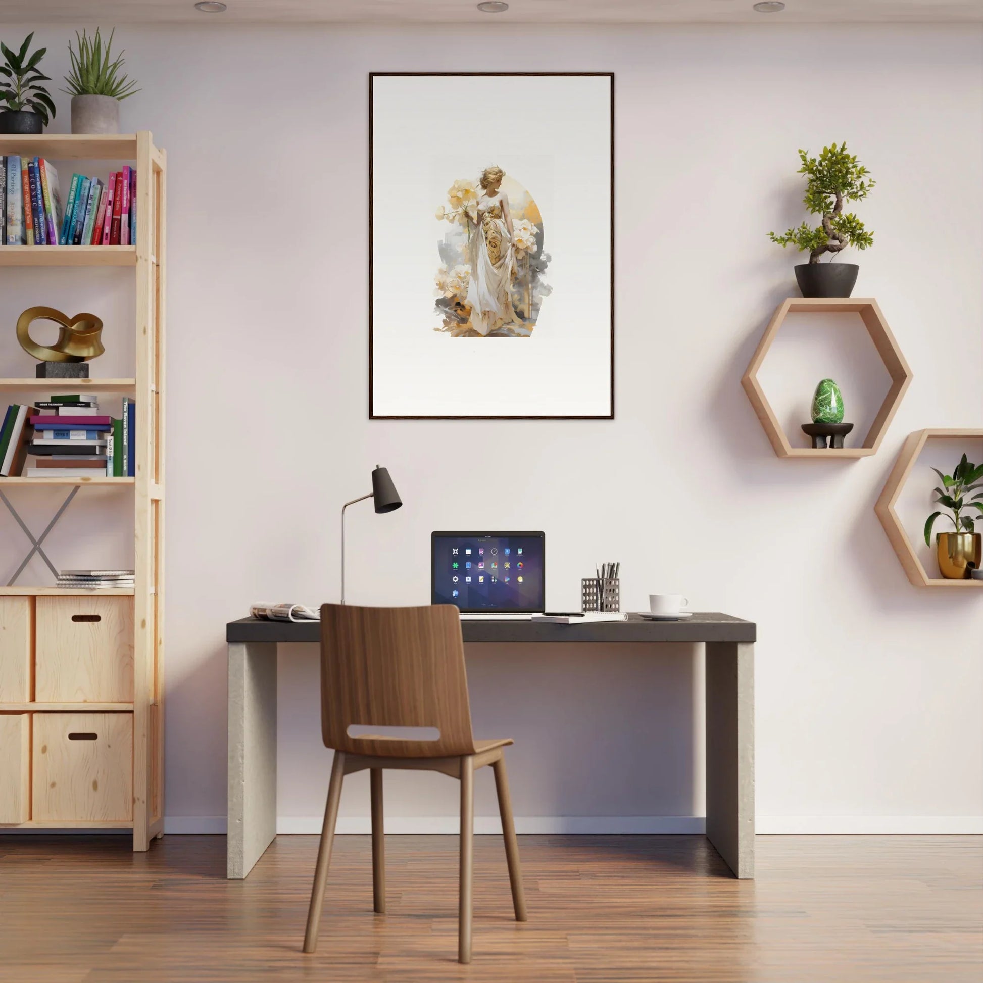 Home office workspace showcasing Ethereal Blossom Dream decor with framed wall art