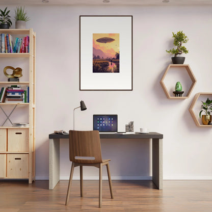 Home office workspace featuring desk, chair, and framed wall art for stylish Room Decor