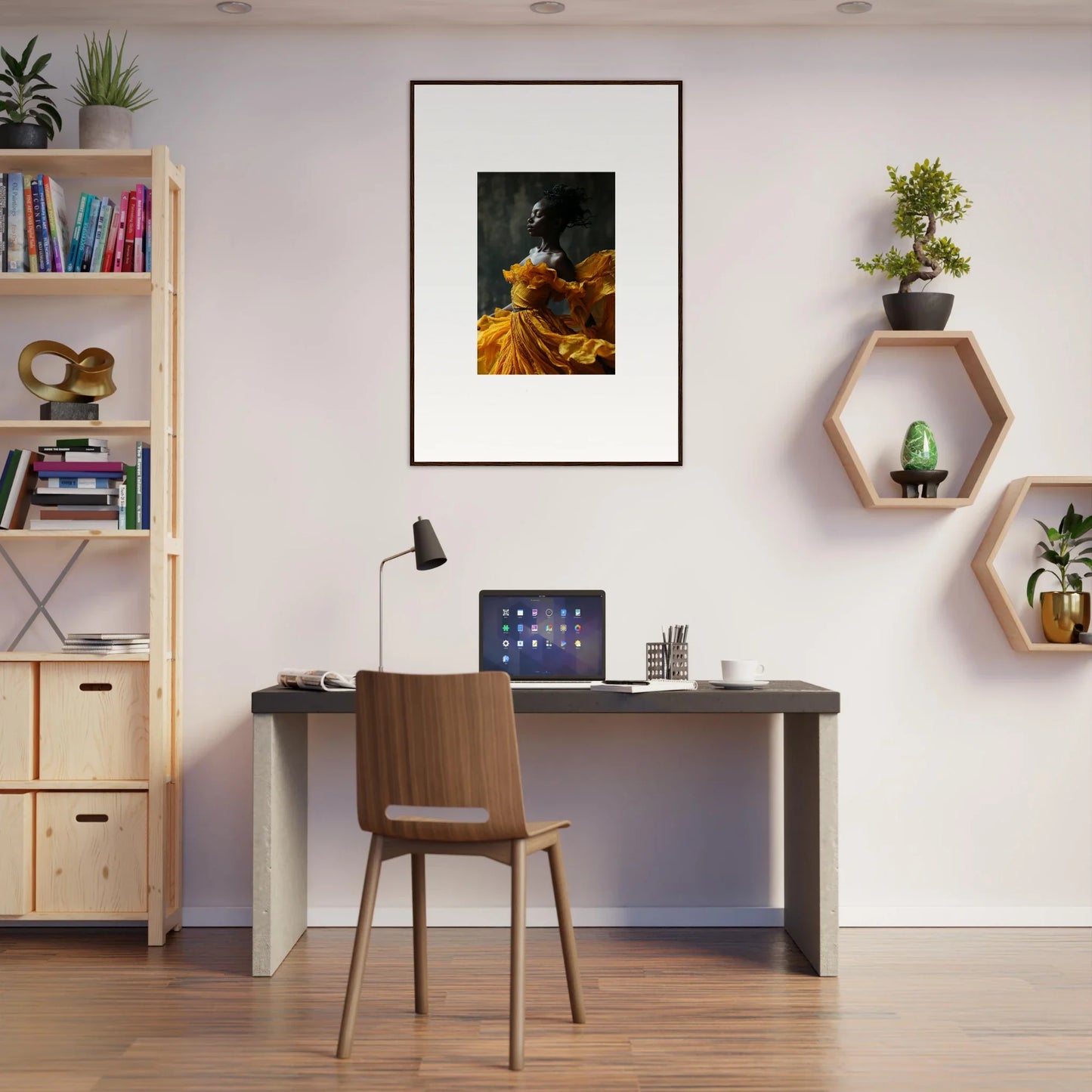 Home office workspace featuring sunlit whispers decor and framed wall art