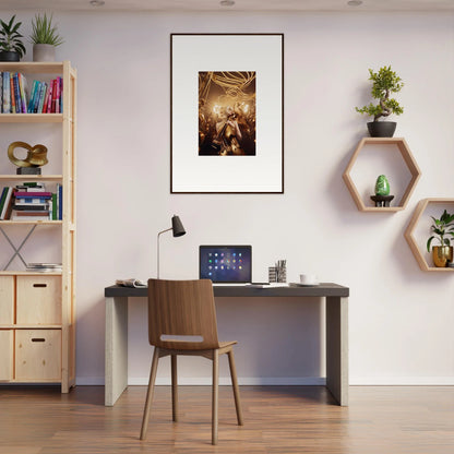 Home office workspace featuring Golden Harmony Enigma decor with framed wall art