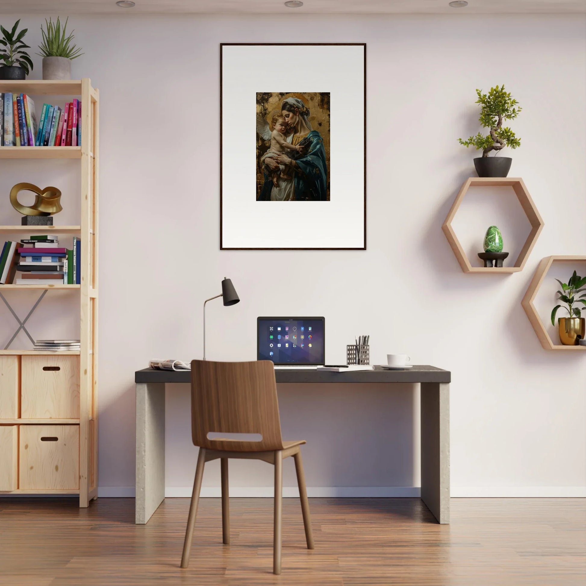 Home office workspace with desk, chair, and framed wall art in Metallic Lullabies room decor