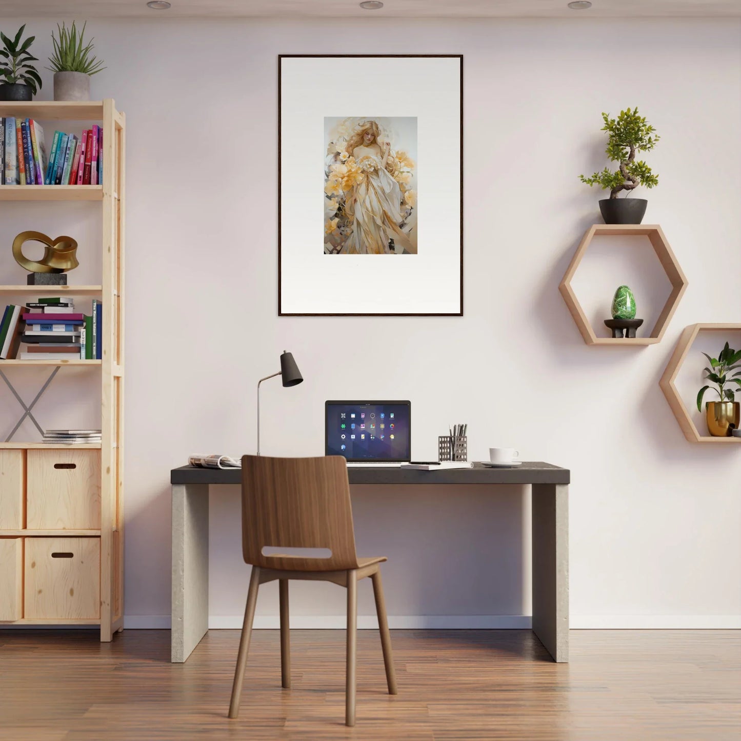 Home office workspace featuring blossom sway decor and framed wall art