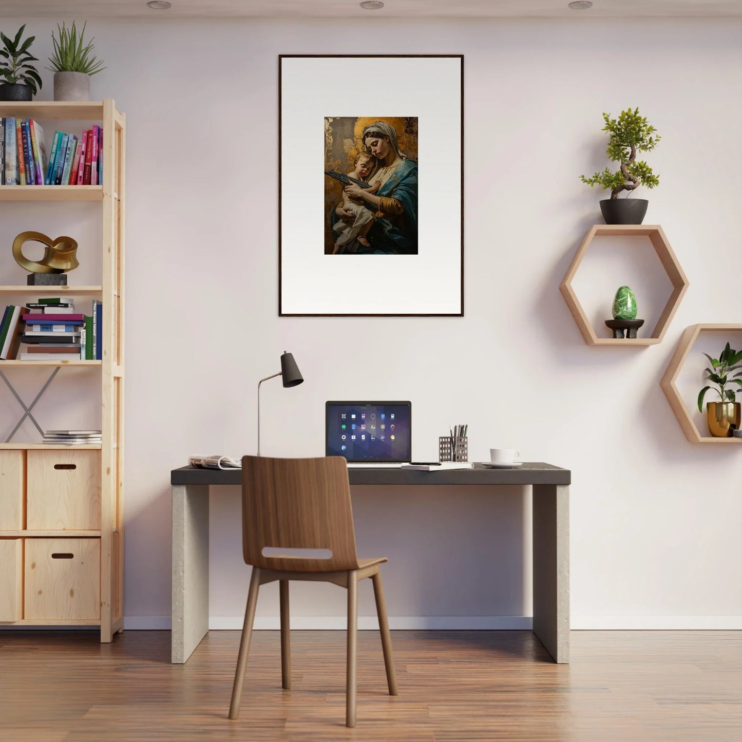 Home office workspace featuring Serenity Spirit wall art and stylish decor elements