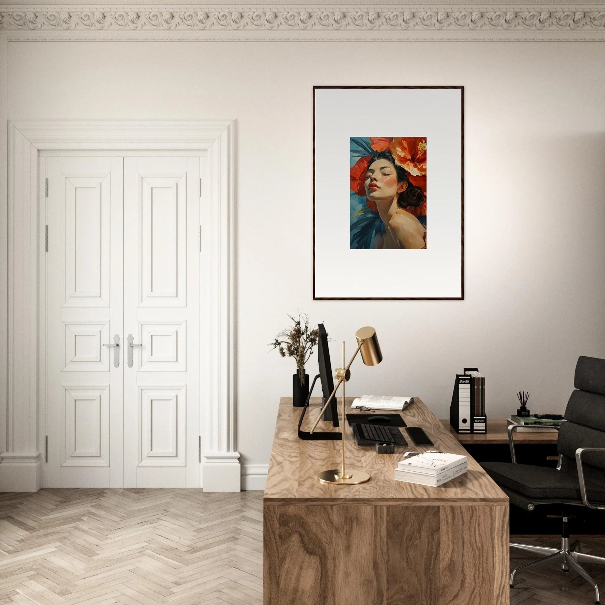 Home office workspace with wooden desk, chair, and framed wall art for stylish room decor