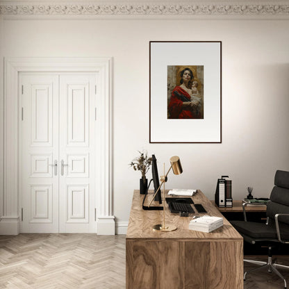 Home office workspace featuring a wooden desk, office chair, and framed wall art