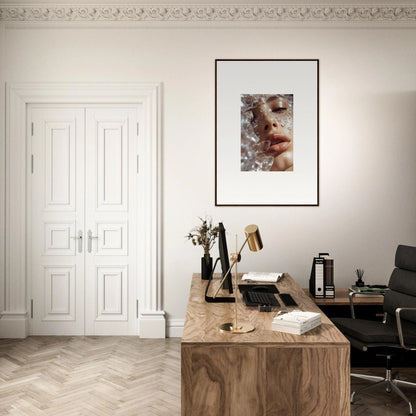 Home office workspace featuring a wooden desk, chair, and Whispering Dreamer framed wall art