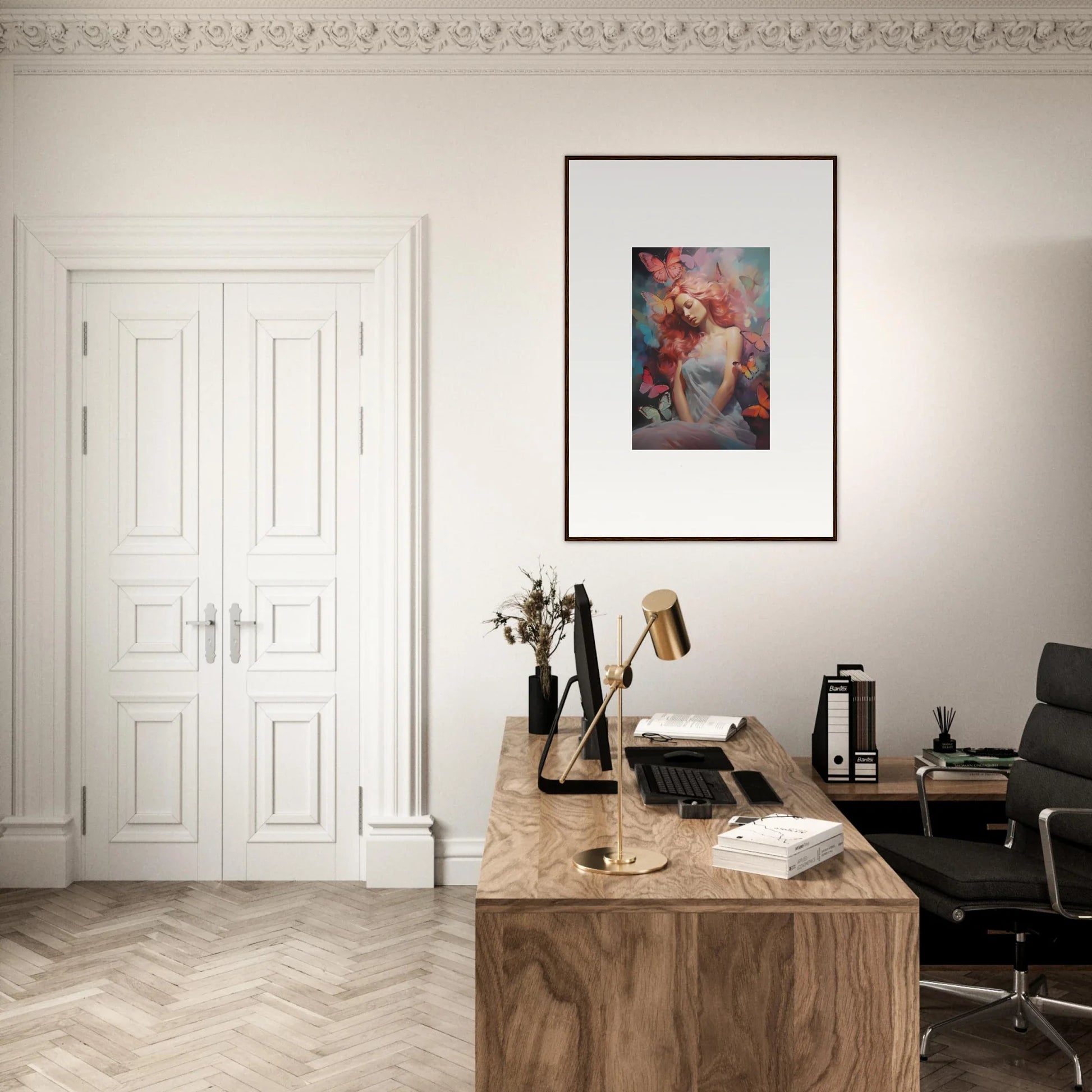 Home office workspace featuring wooden desk and framed wall art for a dream stream vibe