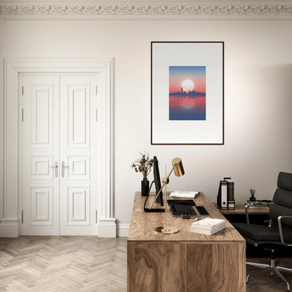 Home office workspace featuring a wooden desk, chair, and dusk memento wall art