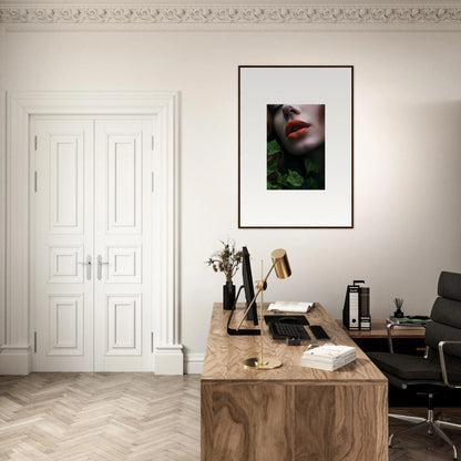 Home office workspace featuring a wooden desk, typewriter, and framed wall art with Leaf Symphony