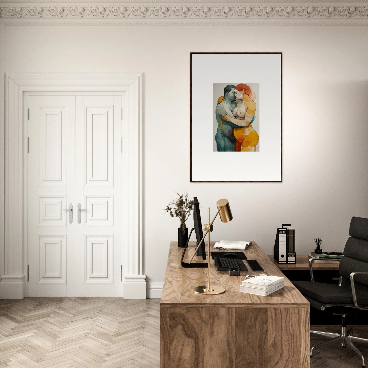 Home office workspace with wooden desk, chair, and framed wall art for Patina Embrace