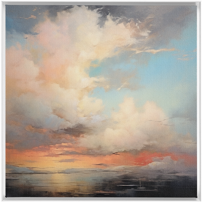 A painting of Pastels Clouds - Framed Traditional Stretched Canvas with clouds in the sky.