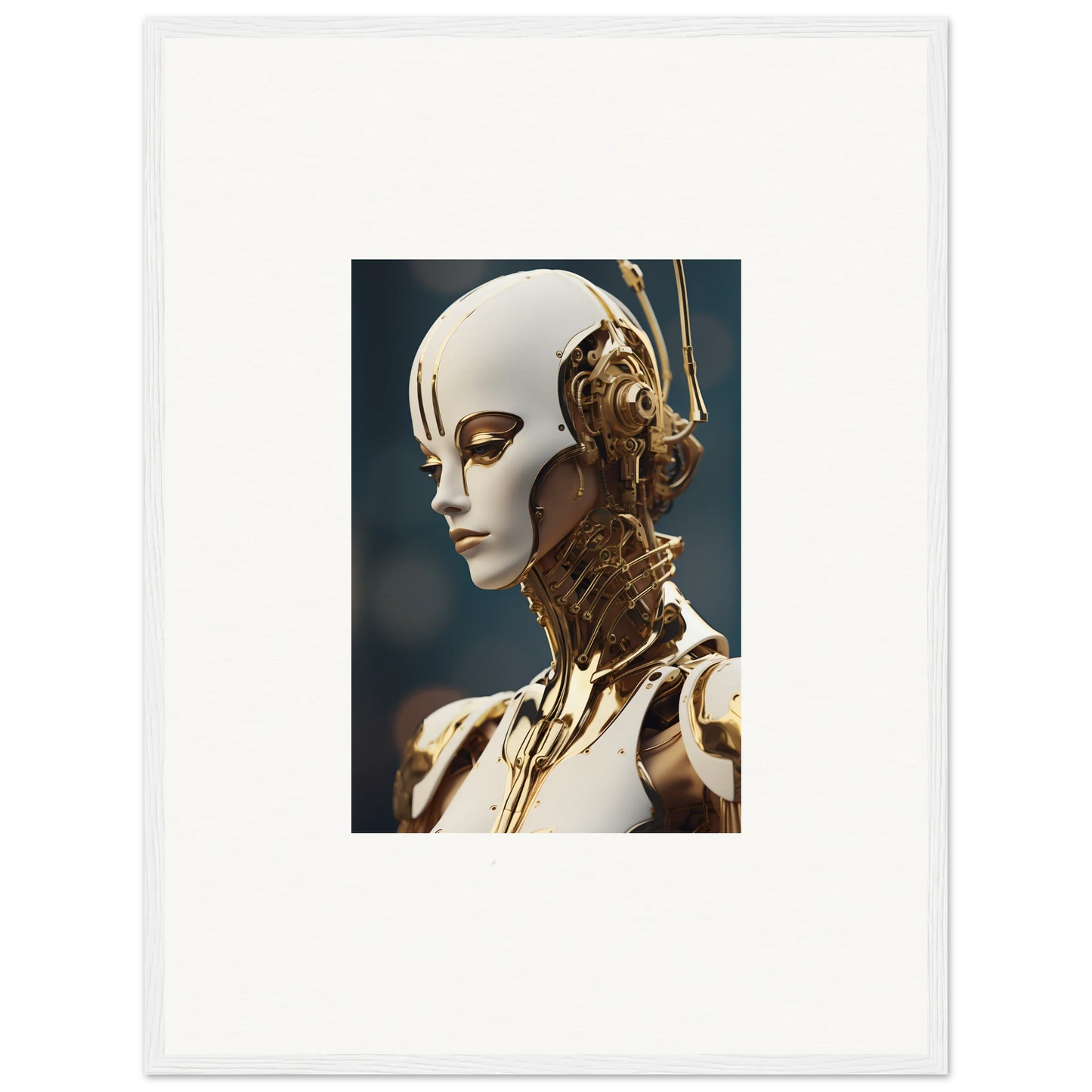 Humanoid robot with a white face and gold components for unique room decor or framed wall art