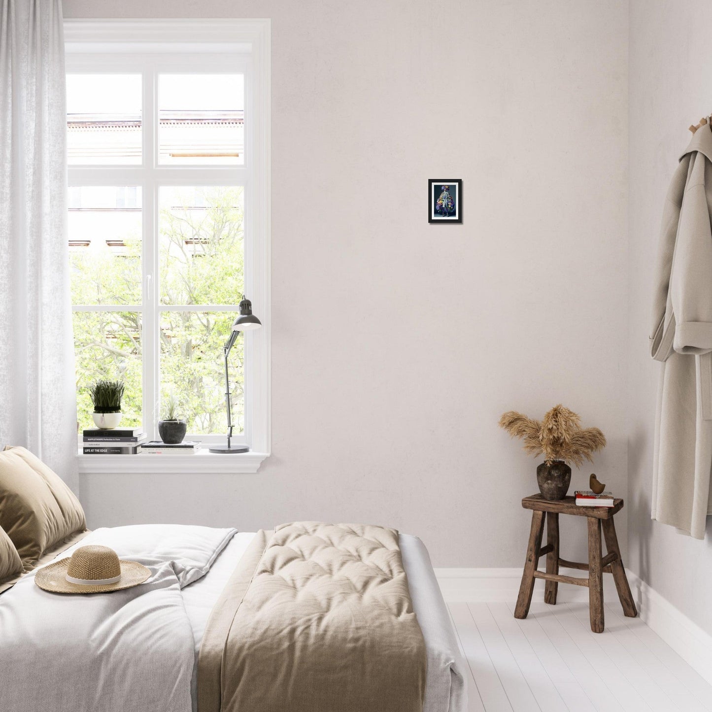 Cozy bedroom with a bed, window, and minimalist decor.