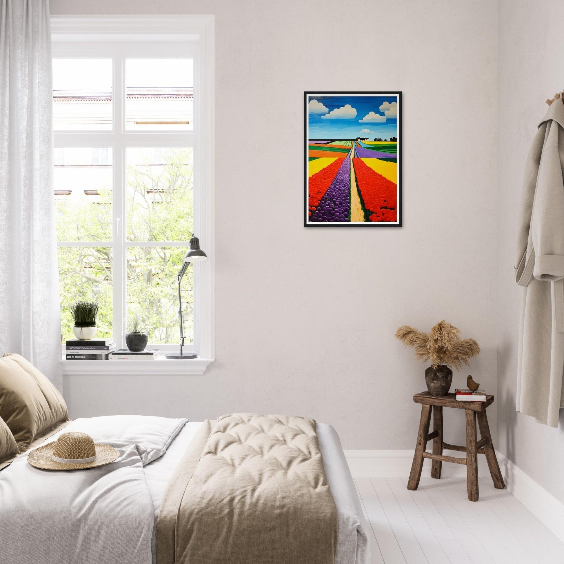 Bright, colorful painting of flower fields leading to a distant horizon.