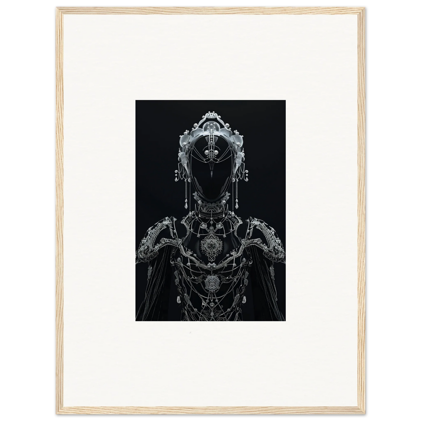 Intricate black and white illustration of a skeletal figure for Room Decor and Framed Wall Art