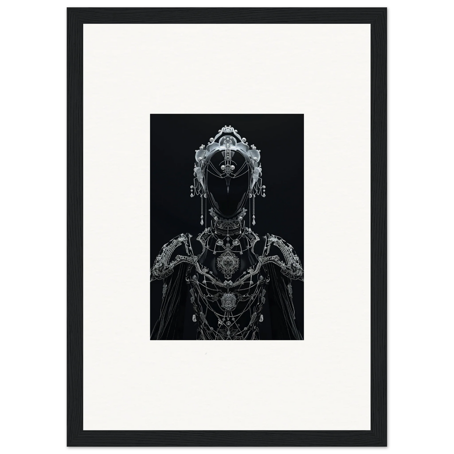 Intricate metallic cyborg figure as framed wall art for unique room decor