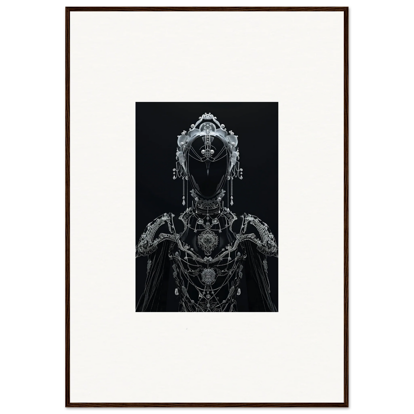 Intricate metallic cyborg figure with ornate details for Enigma Skein Emsembler wall art