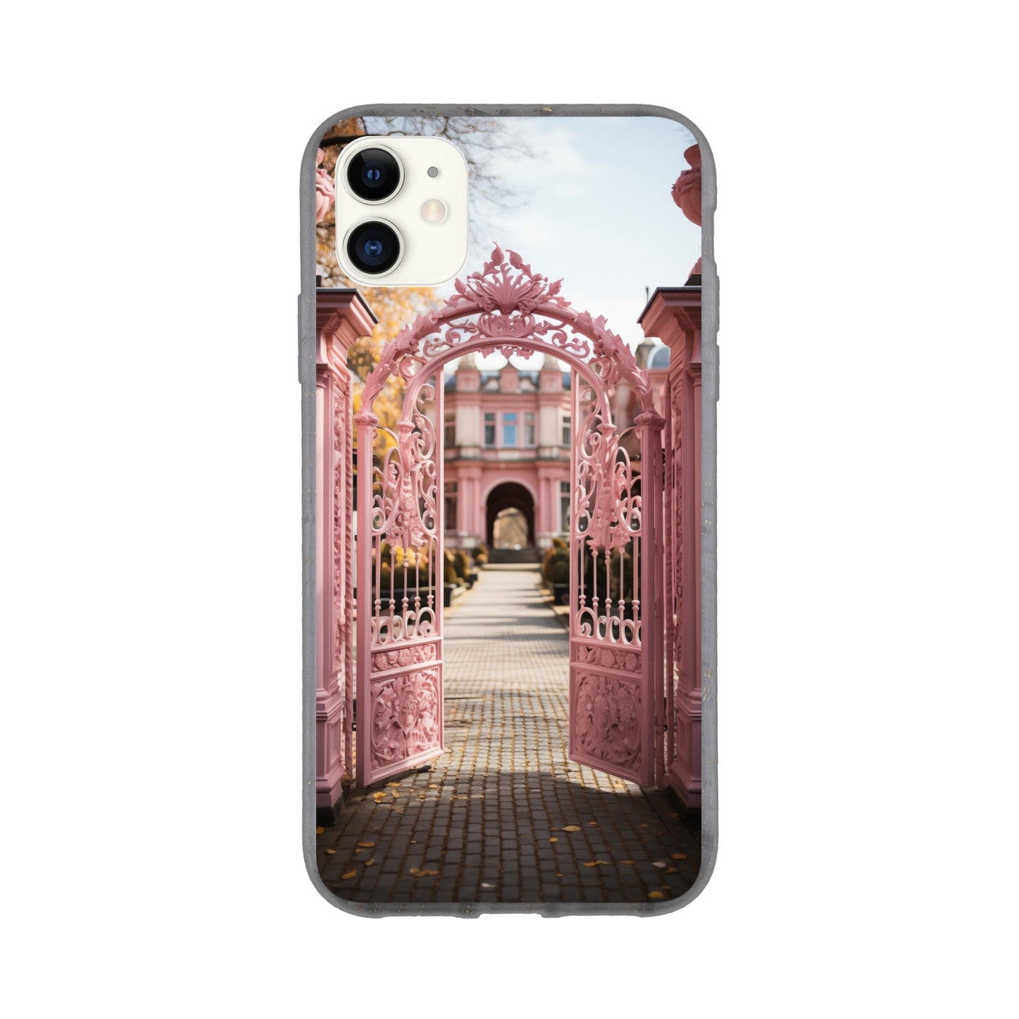 IPhone case featuring a photograph of an ornate pink gateway leading to a courtyard.