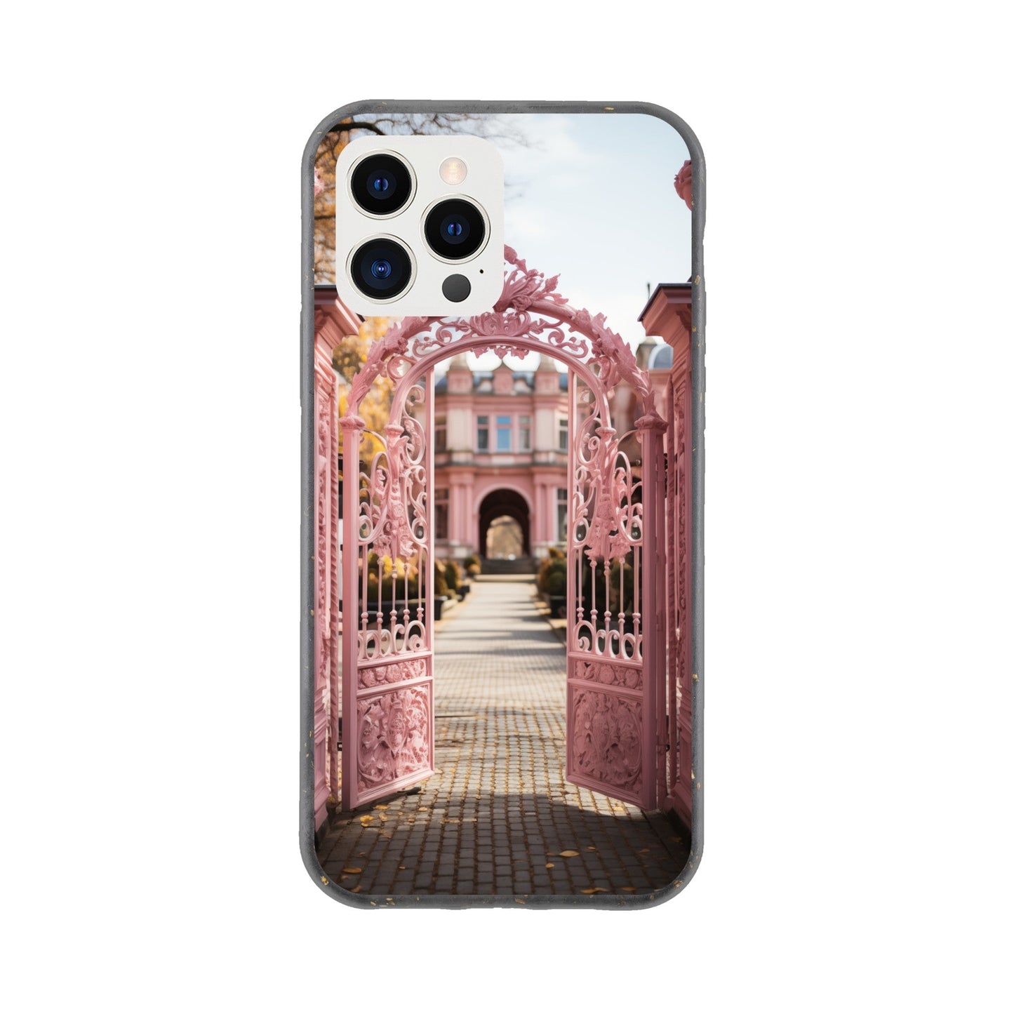 Phone case featuring a photograph of ornate pink gates opening to a pathway leading to a building.