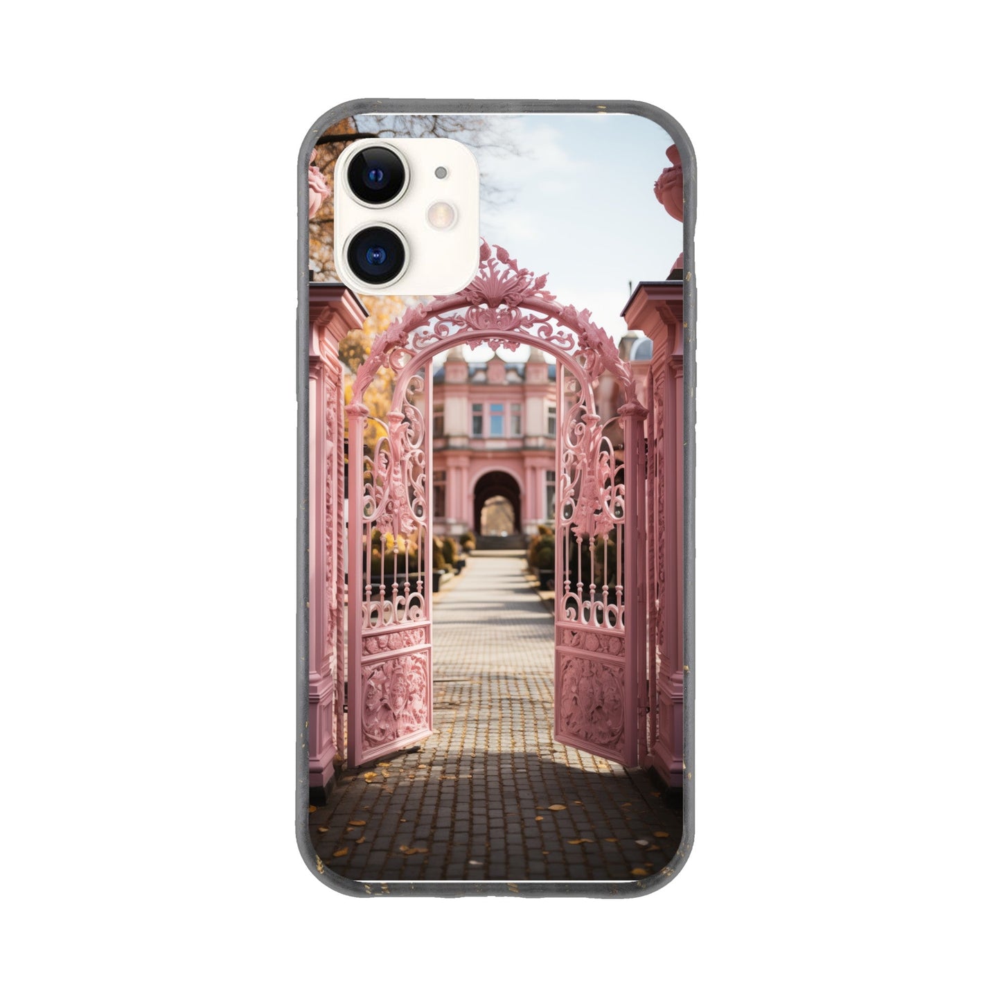 Phone case featuring a photograph of ornate pink gates opening to a garden pathway.