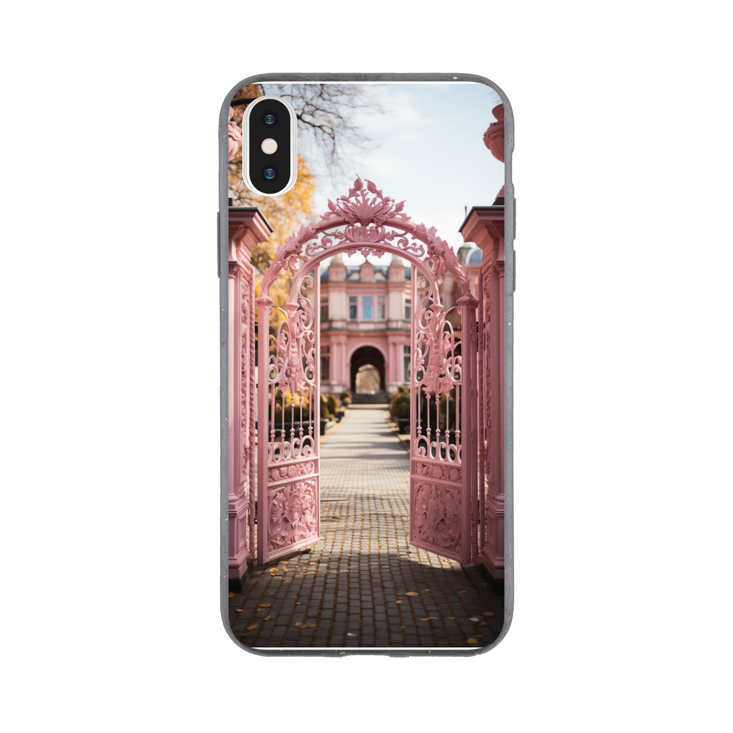 Phone case featuring a photograph of ornate pink gates opening to a courtyard.