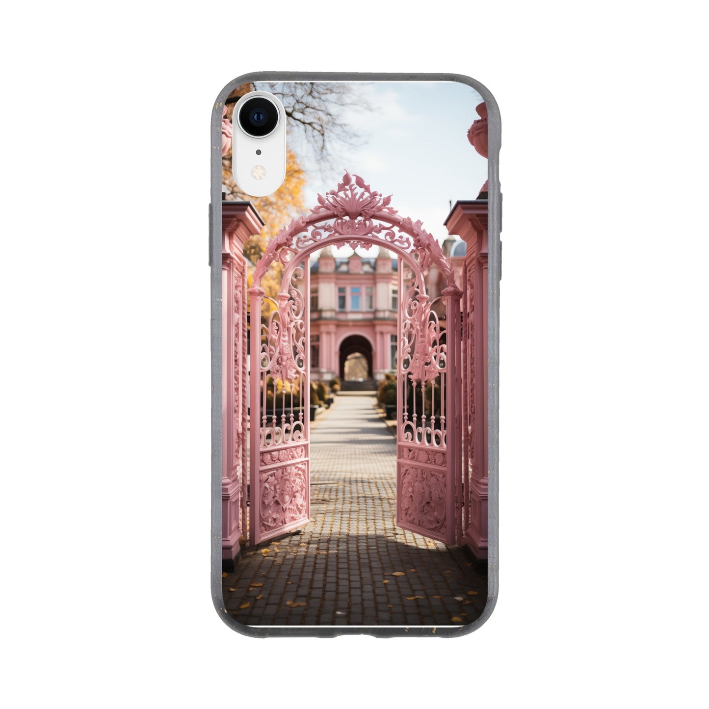 Phone case featuring a photograph of ornate pink gates opening to a courtyard pathway.