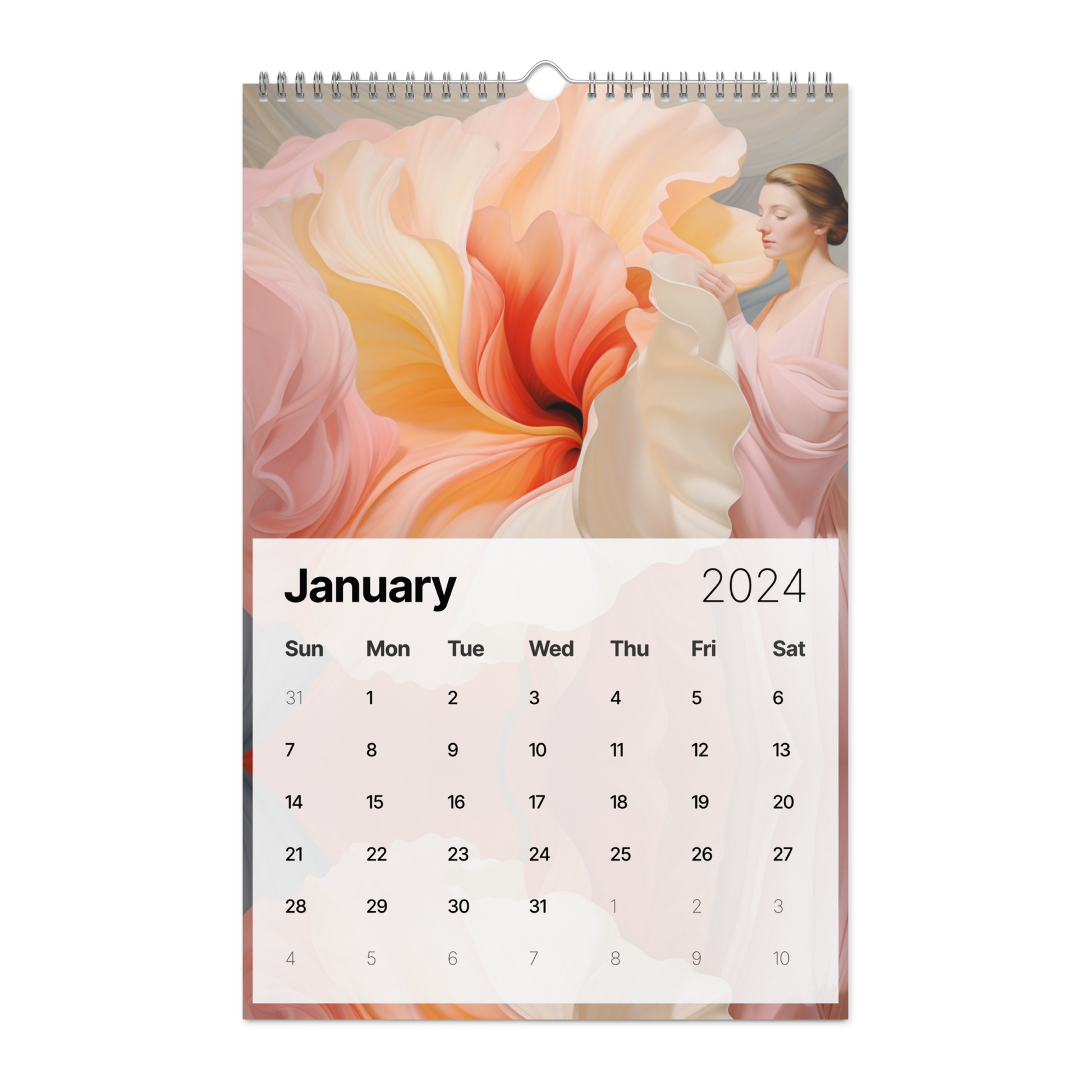 The stunning artwork of a woman in a pink dress beautifully adorns the Flowers Are Magic - Wall calendar (2024). This decorative piece adds an aesthetic appeal to any space.