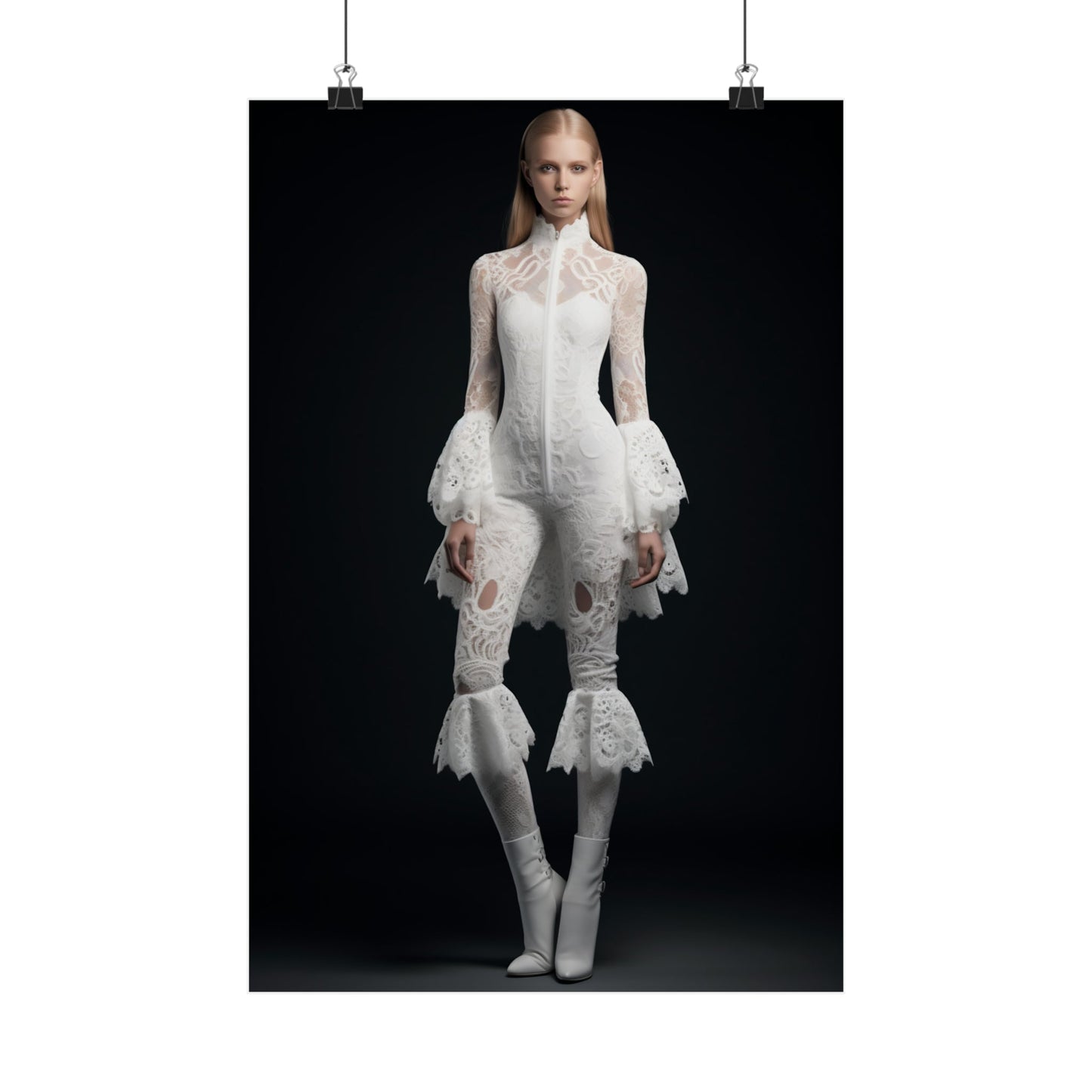 Avant-garde white lace bodysuit with exaggerated bell sleeves and flared legs.