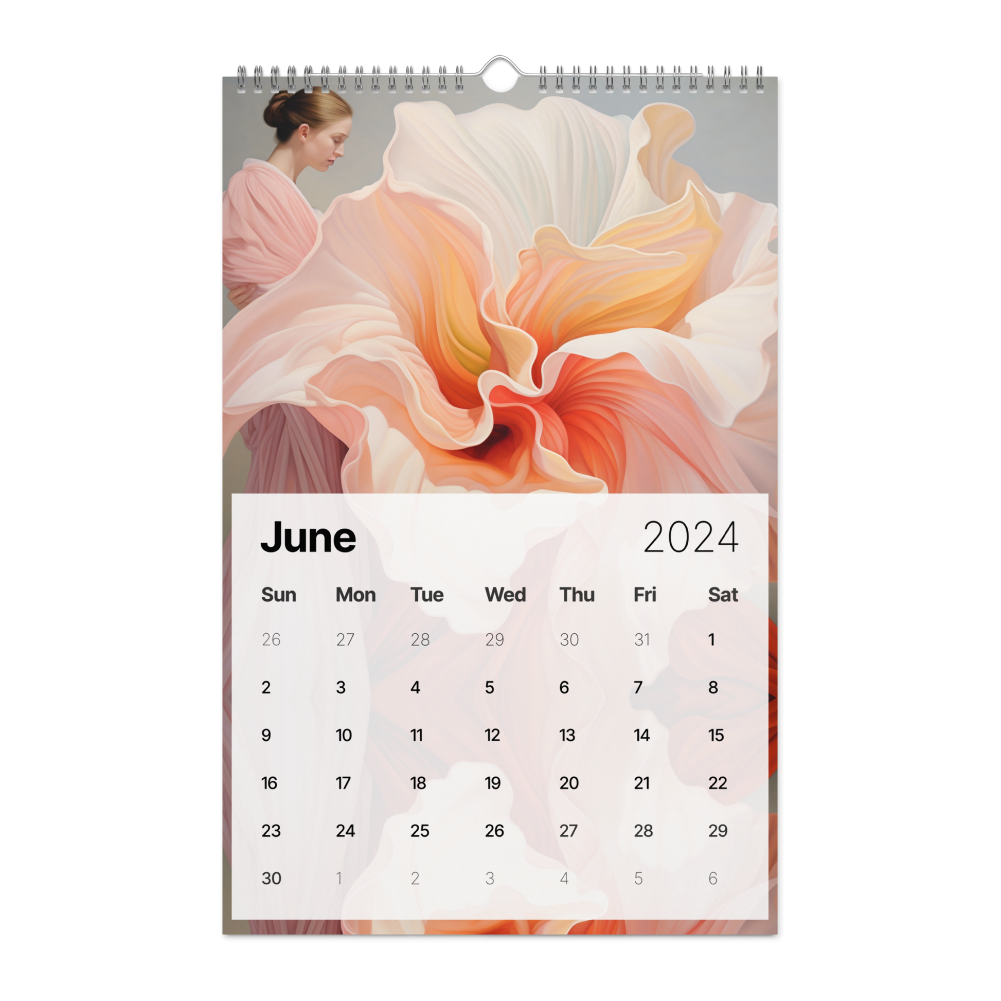 A decorative piece calendar featuring artwork of a woman holding flowers is titled "Flowers Are Magic." This wall calendar is for the year 2024.