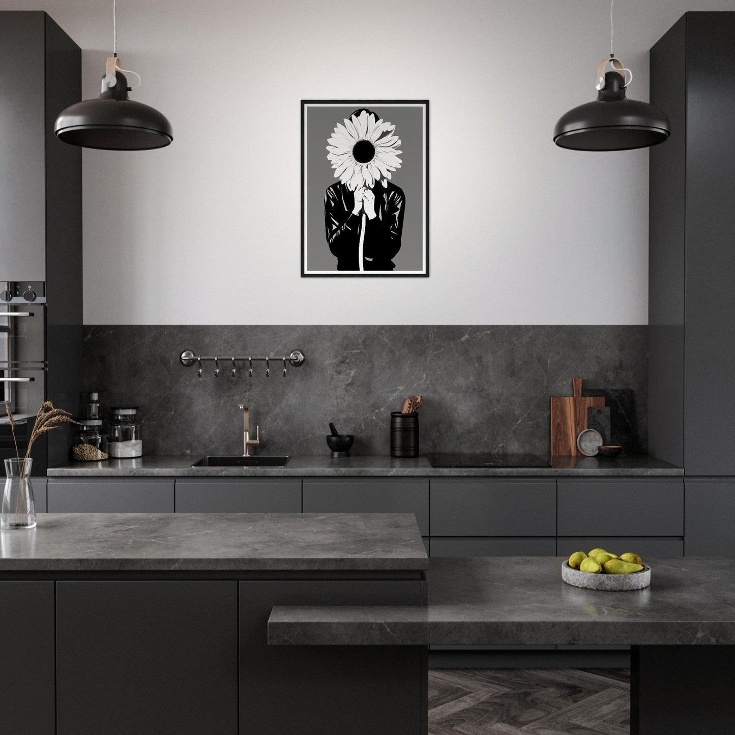 A kitchen with a large black and white flower