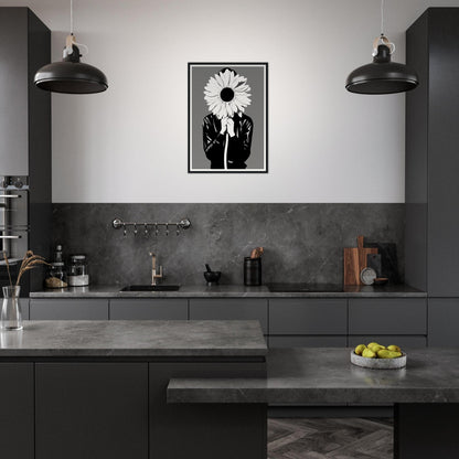 A kitchen with a large black and white flower