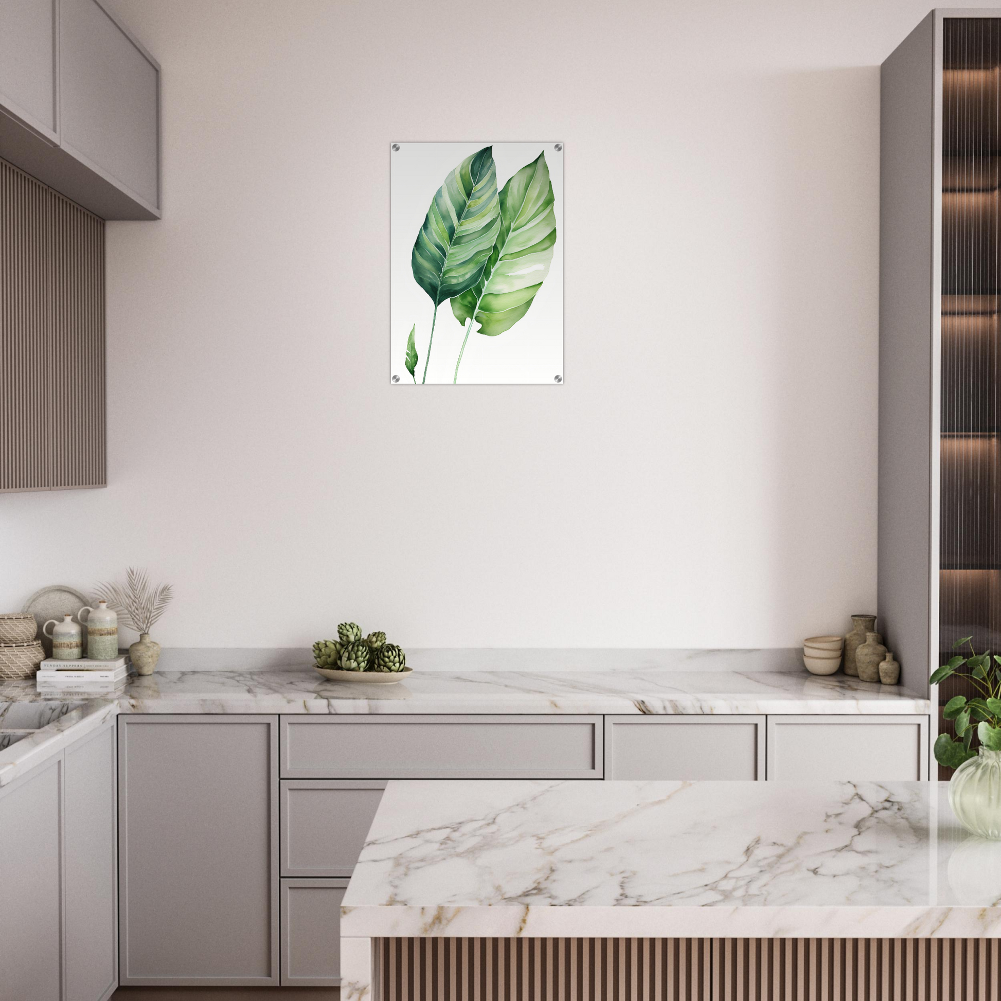 A kitchen with marble counter tops and a marble island