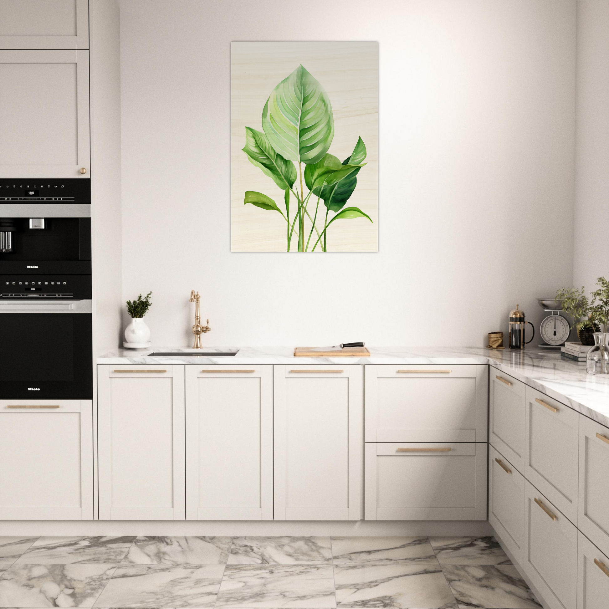 A kitchen with white cabinets and a large green leaf