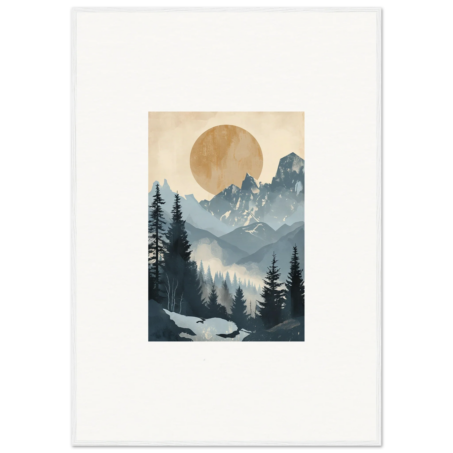 Misty mountains with pine trees and a golden sun in Alpine Serenade wall art decor