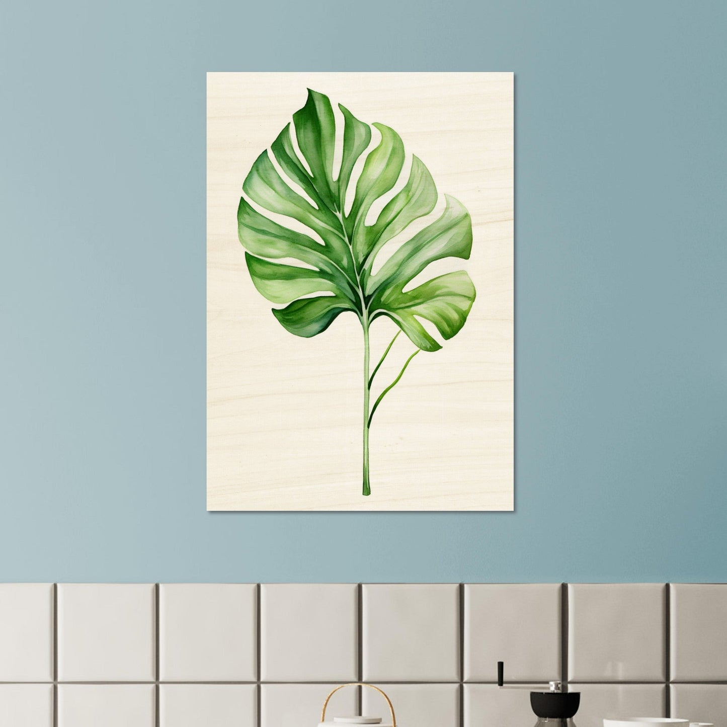 A large green leaf on a beige background