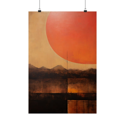 A large orange and brown painting on a white wall