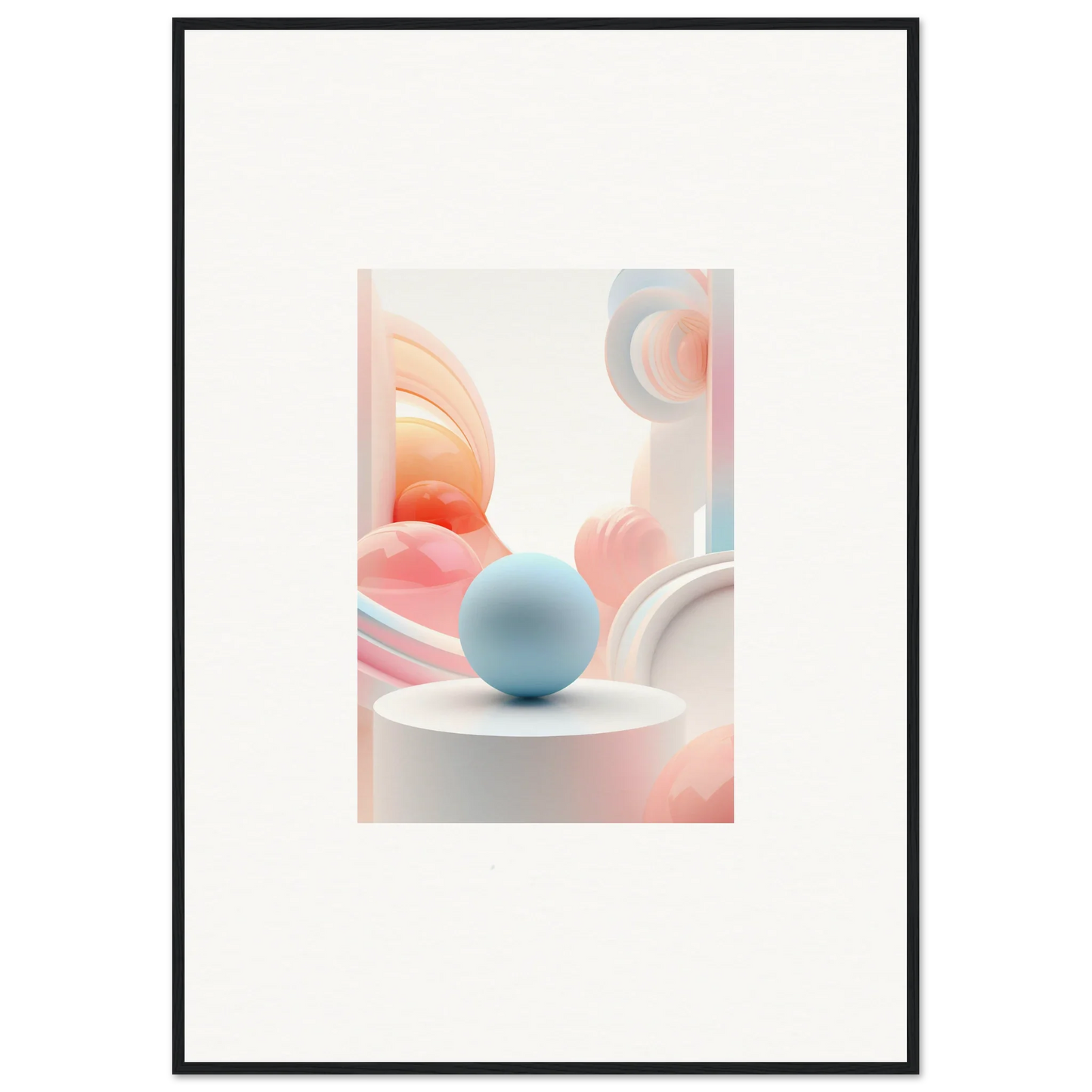 Light blue sphere on white surface with pink shapes in Cosmic Timeless wall art