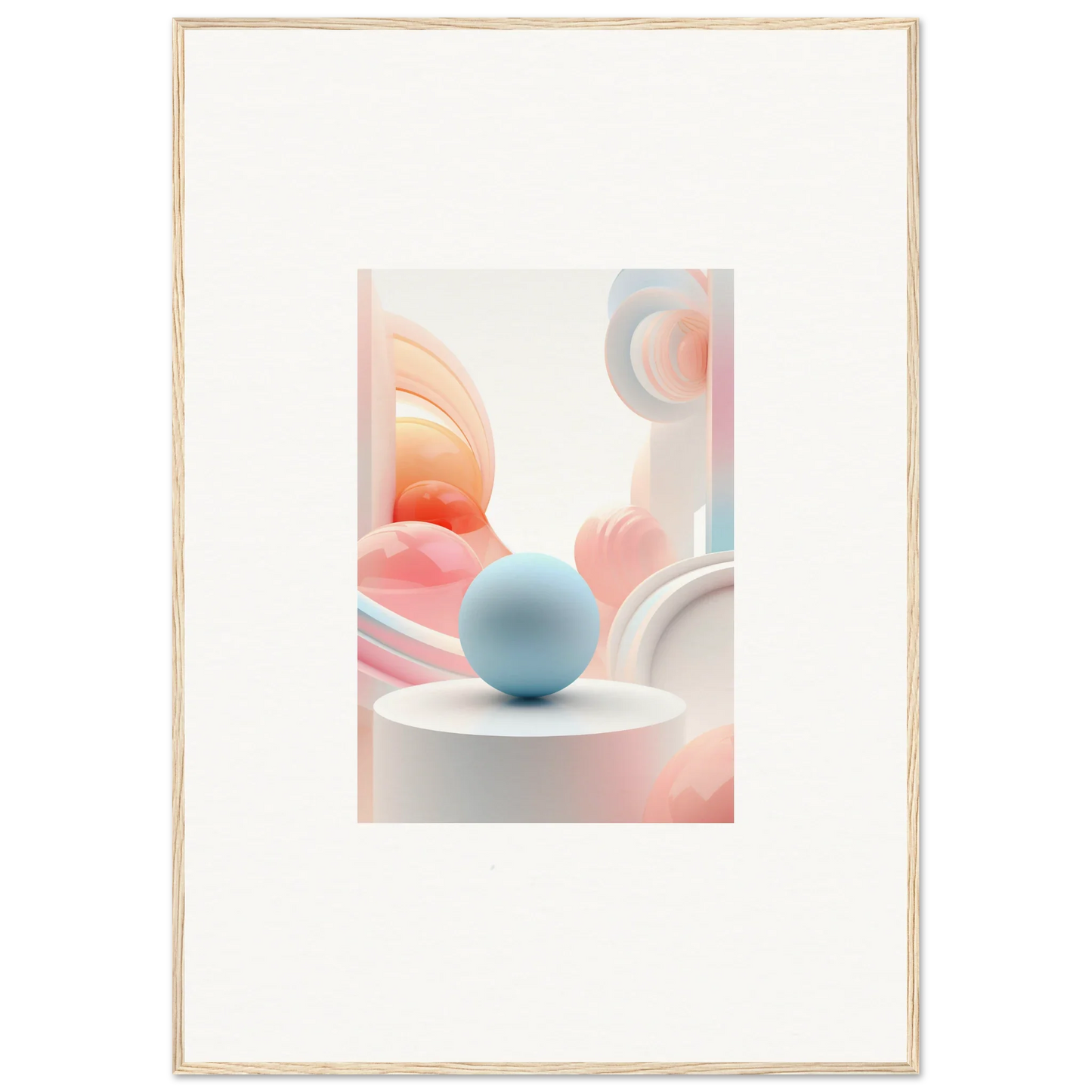 Light blue sphere on white surface with pink shapes, perfect for cosmic timeless room decor