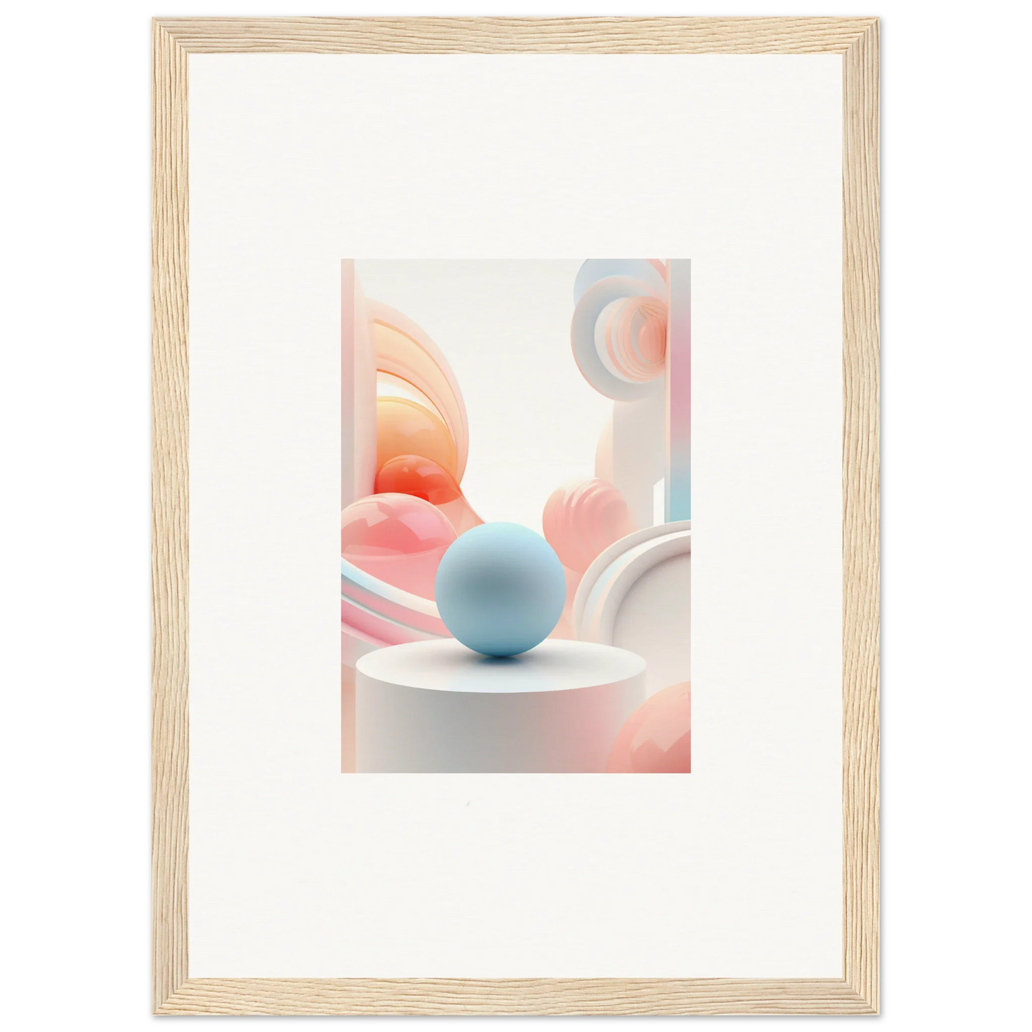 Light blue sphere on white surface, surrounded by soft pink shapes, cosmic timeless decor