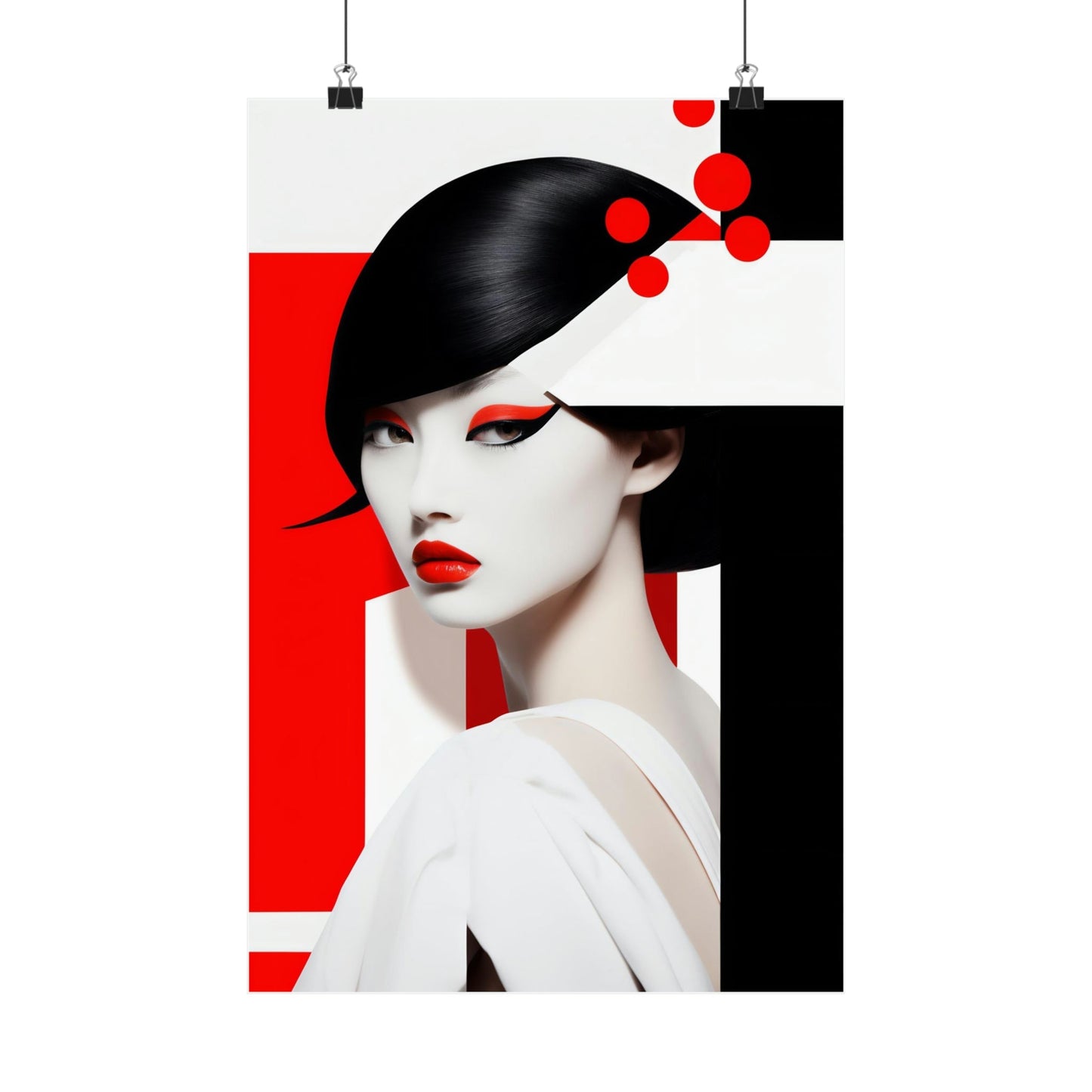 Stylized portrait of a woman with striking red and black geometric elements.