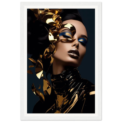 Striking portrait featuring dramatic gold accents and bold blue eye makeup.