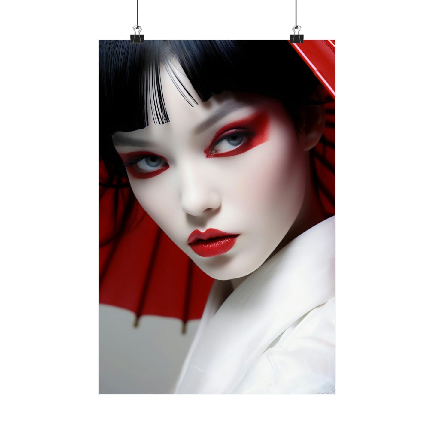 Portrait of a woman with striking geisha-inspired makeup and styling.