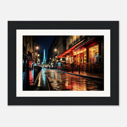 Framed photograph of a rainy Parisian street at night with the Eiffel Tower visible in the distance.