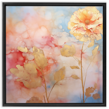 A framed I LOVE GOLD - Framed Canvas Wraps of a flower on a blue background, encased in a hardwood frame.