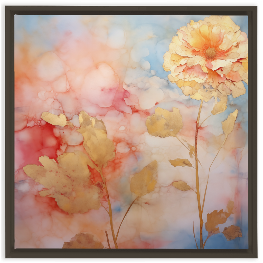 A framed painting of a flower on a blue background in an "I Love Gold - Framed Canvas Wraps" hardwood frame.