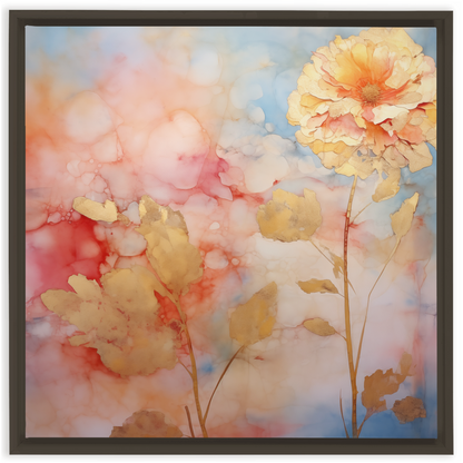 A framed painting of a flower on a blue background in an "I Love Gold - Framed Canvas Wraps" hardwood frame.