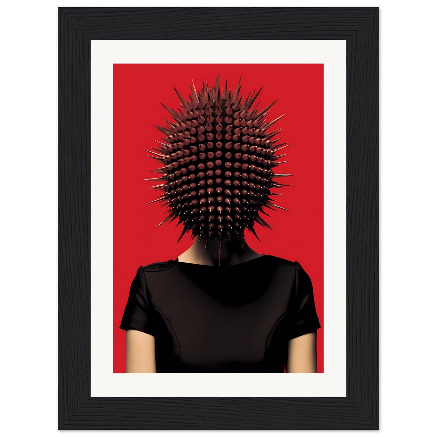 Spiky, spherical object resembling a sea urchin replacing a person’s head against a red background.