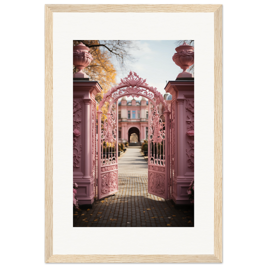 Ornate pink wrought iron gate leading to a garden pathway.